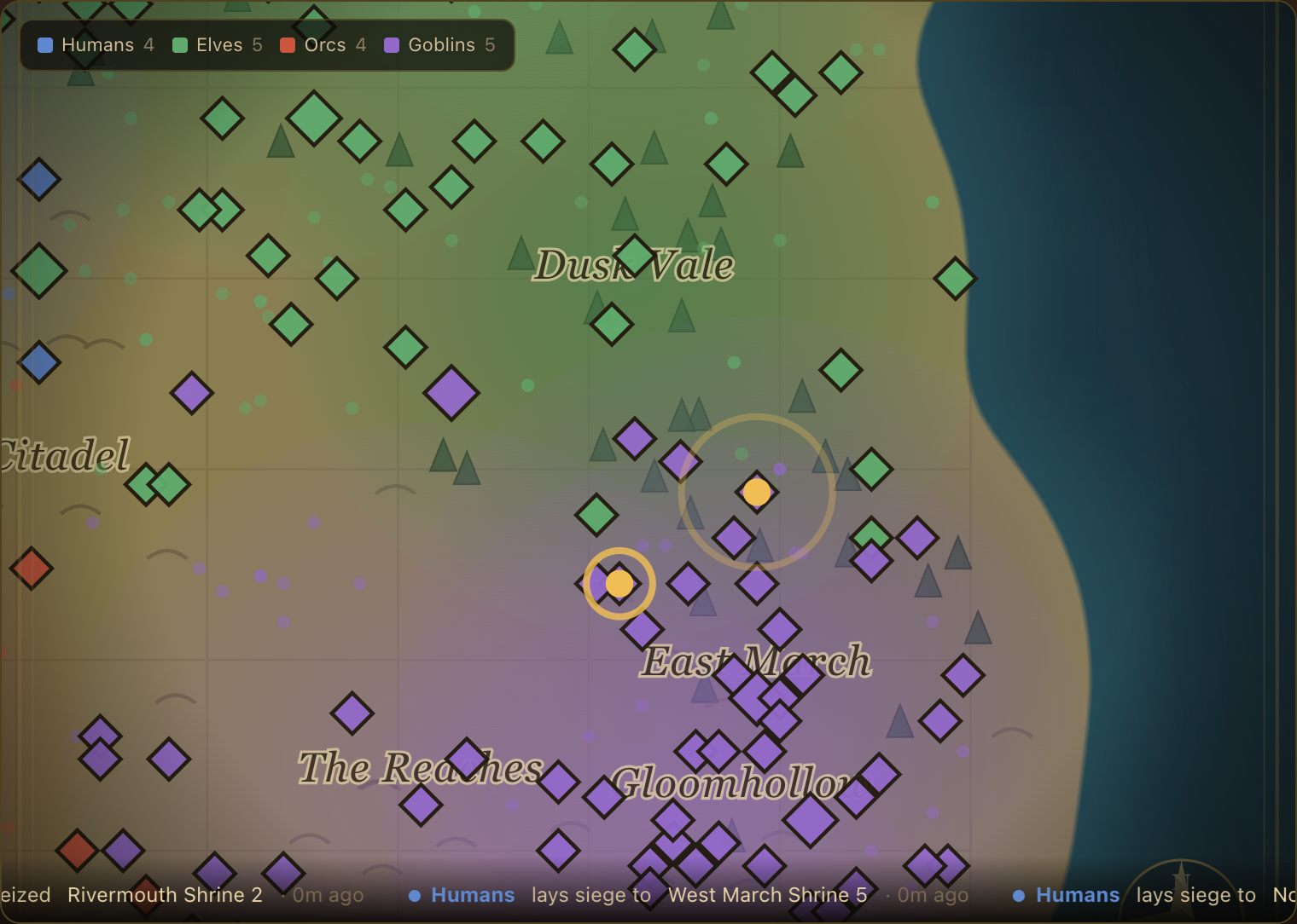 Grymheld's living world map — four factions warring over a shared 250x250 territory, with landmarks and live sieges